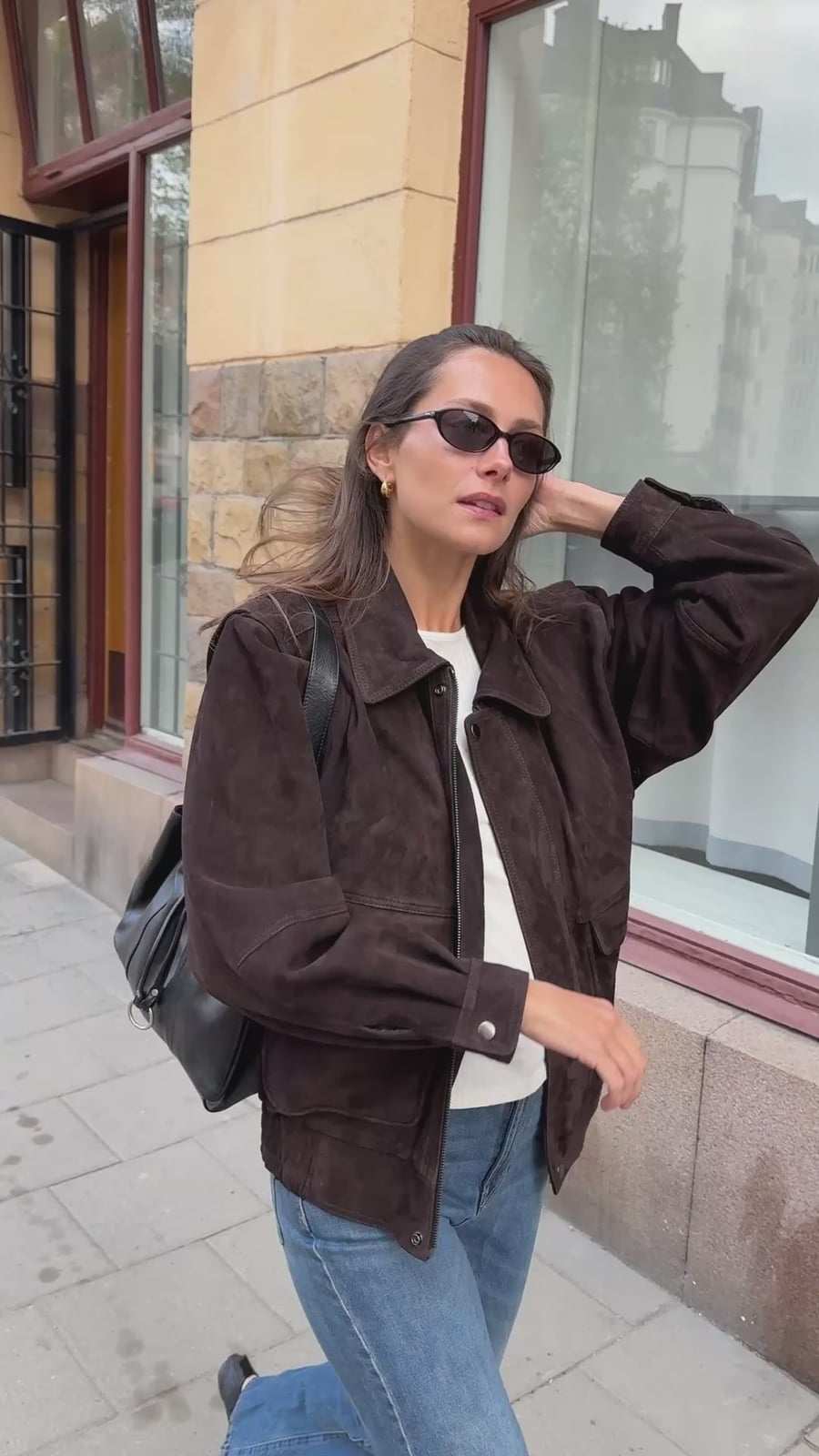 Oversized Dark Brown Bomber Jacket with Jeans and White T-Shirt Oversized Dark Brown Bomber Jacket with Jeans and White T-Shirt — Trendy Brown Suede Jacket Outfit