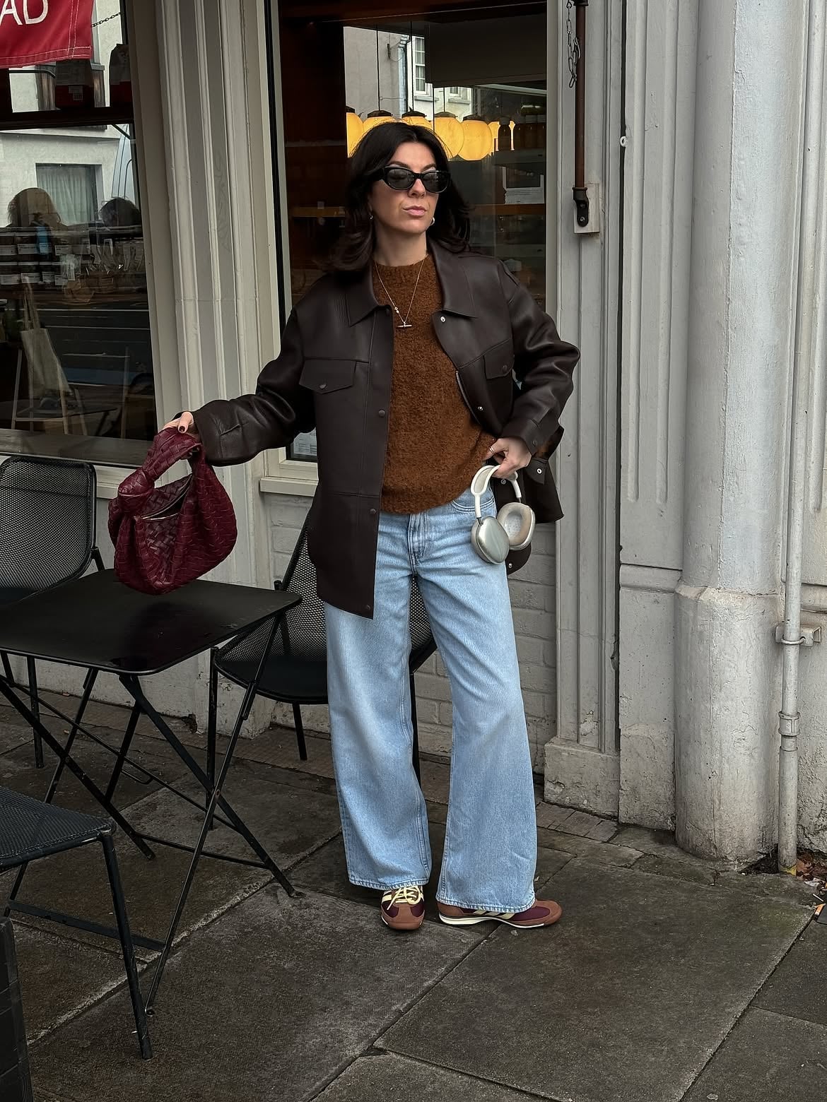 Brown Fuzzy Sweater with Leather Jacket and Jeans Brown Fuzzy Sweater with Leather Jacket and Jeans — Trendy Brown Sweater Outfit