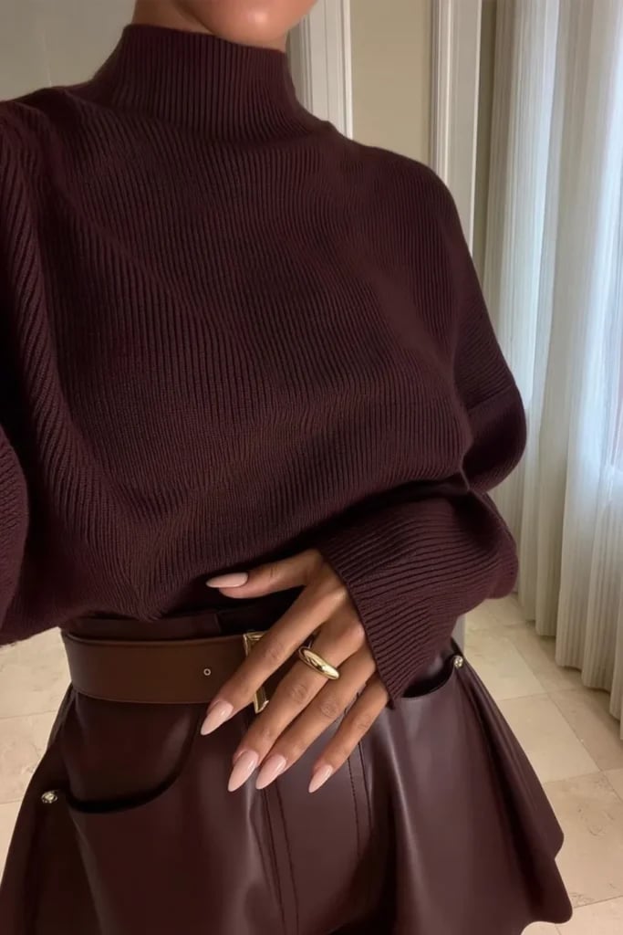 Dark Brown Oversized Sweater Over Satin Slip Dress, Close-Up Take Dark Brown Oversized Sweater Over Satin Slip Dress, Close-Up Take — Trendy Brown Sweater Outfit