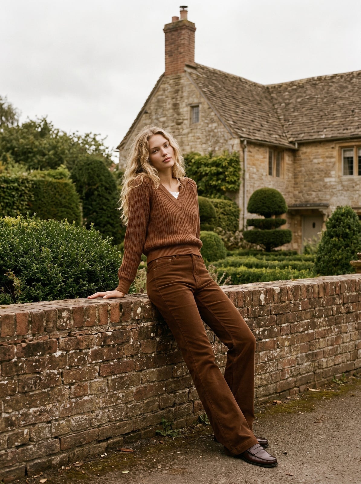 Brown Knit V-Neck Sweater with Corduroy Pants and White T-Shirt Brown Knit V-Neck Sweater with Corduroy Pants and White T-Shirt — Trendy Brown Sweater Outfit