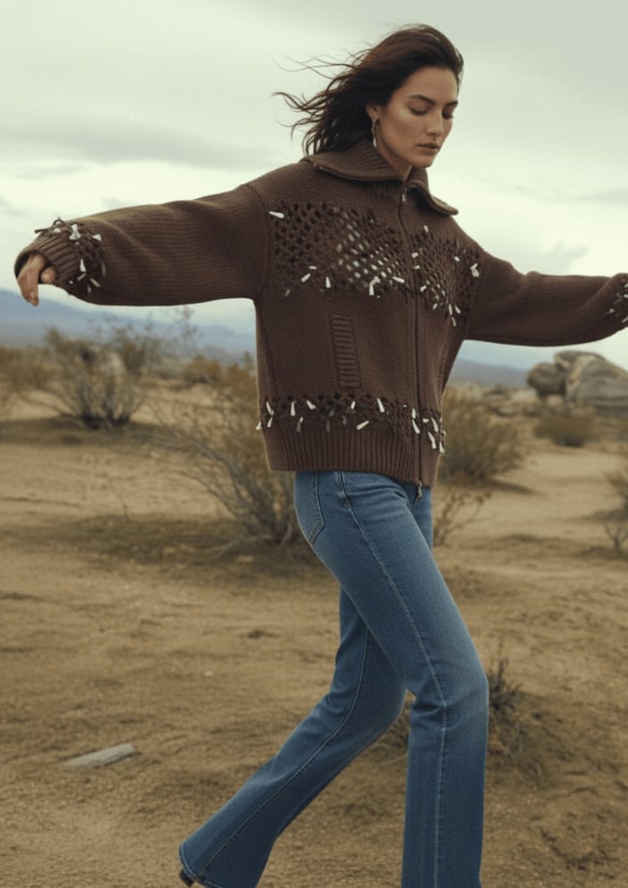 Brown Zip-Up Cardigan with Crochet Details, Office-Safe Version Brown Zip-Up Cardigan with Crochet Details, Office-Safe Version — Trendy Brown Sweater Outfit