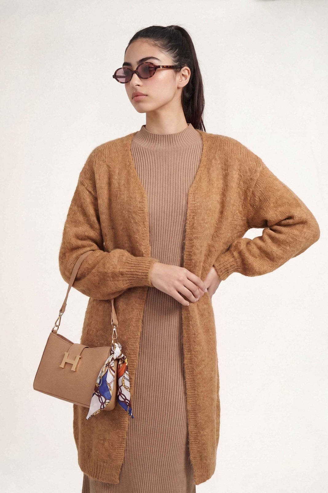 Camel Brown Fuzzy Cardigan Over Ribbed Dress Camel Brown Fuzzy Cardigan Over Ribbed Dress — Trendy Brown Sweater Outfit