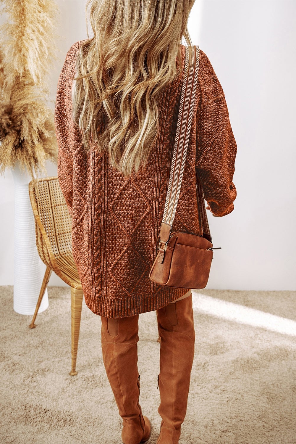 Brown Cable Knit Sweater Dress with Suede Boots Brown Cable Knit Sweater Dress with Suede Boots — Trendy Brown Sweater Outfit