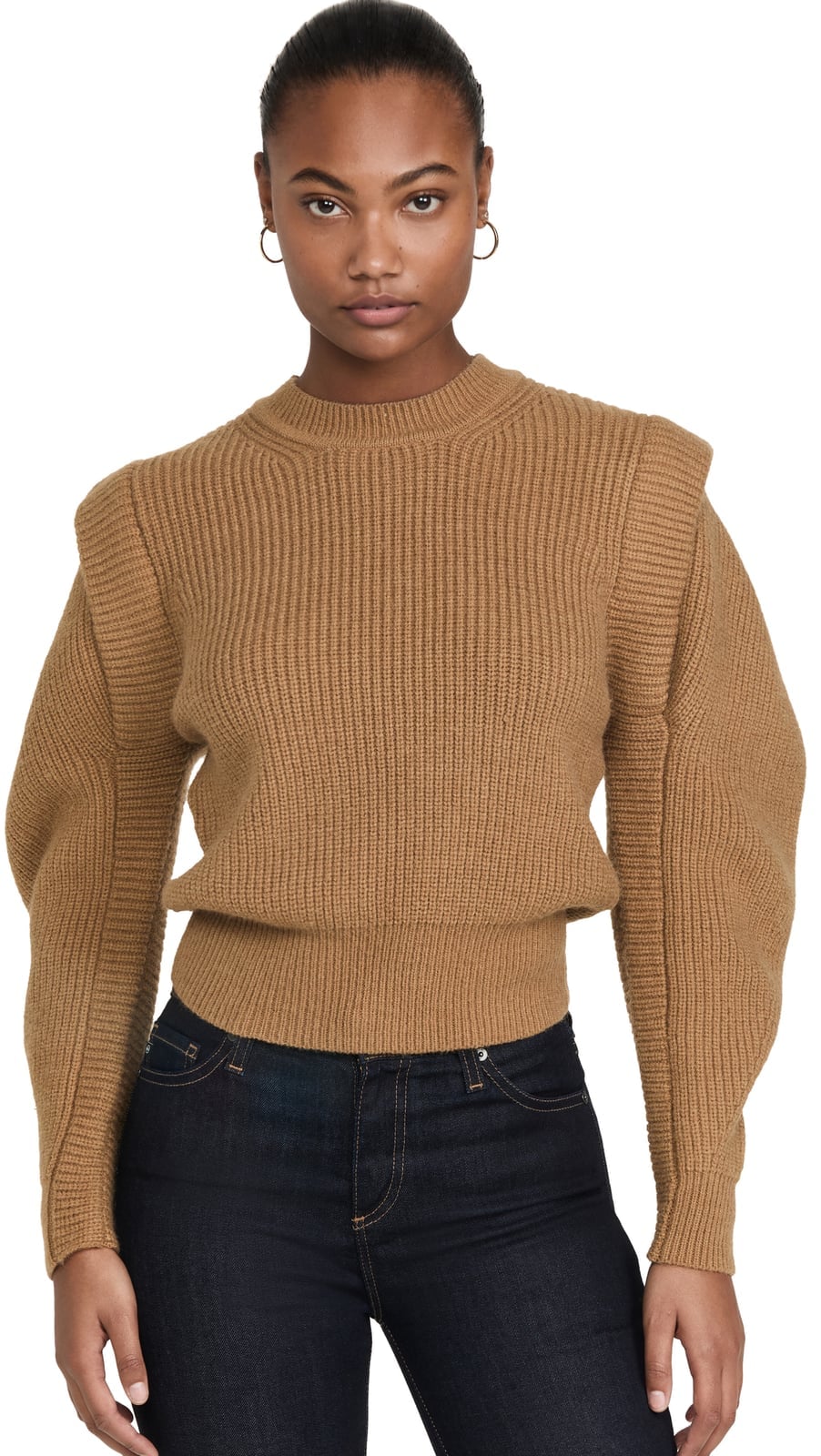 Brown Ribbed Knit Sweater with Padded Shoulders Brown Ribbed Knit Sweater with Padded Shoulders — Trendy Brown Sweater Outfit