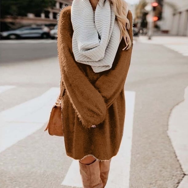 Fuzzy Brown Sweater Dress with Knee-High Boots Fuzzy Brown Sweater Dress with Knee-High Boots — Trendy Brown Sweater Outfit