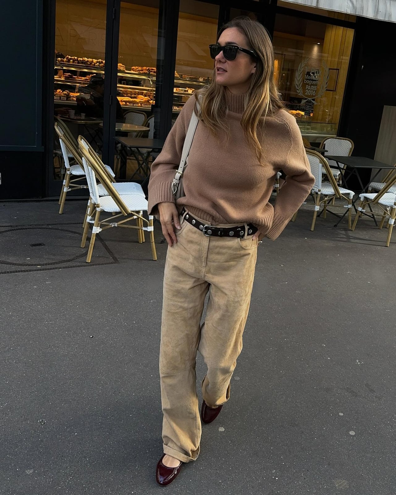 Light Brown Crew Neck Sweater with Suede Trousers Light Brown Crew Neck Sweater with Suede Trousers — Trendy Brown Sweater Outfit