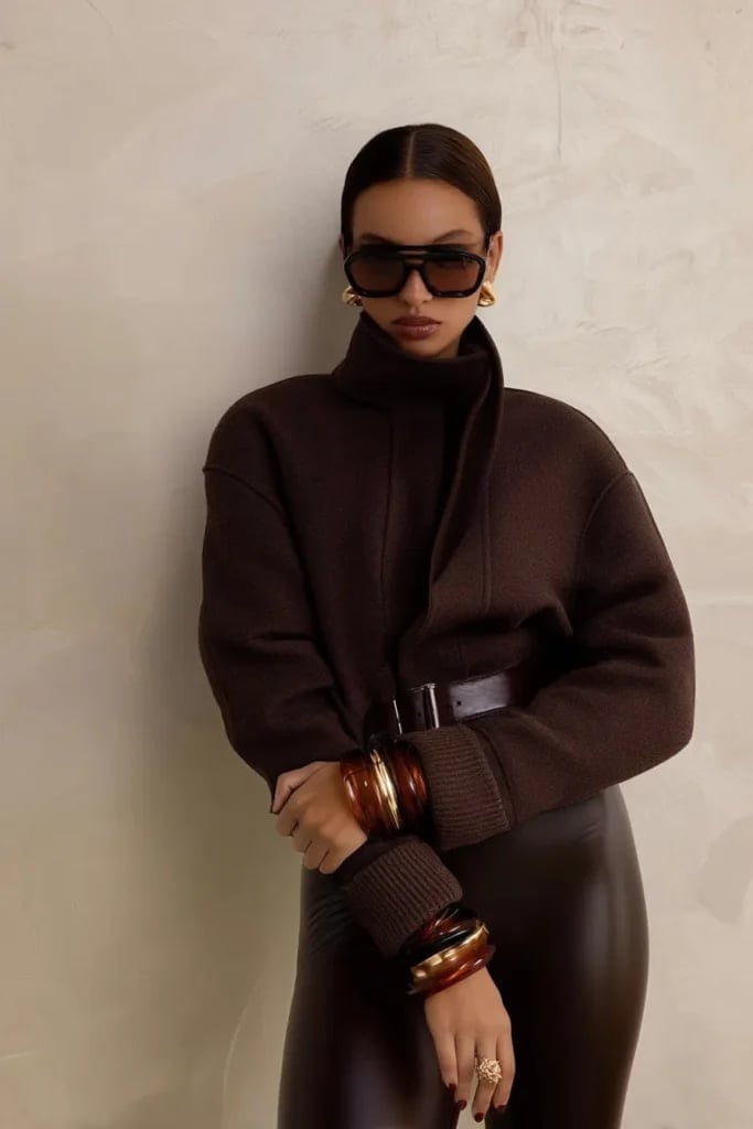 Dark Brown Turtleneck Sweater and Leather Pants Dark Brown Turtleneck Sweater and Leather Pants — Trendy Brown Sweater Outfit
