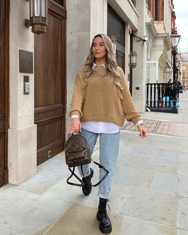 Tan Oversized Sweater Over White Button-Down Tan Oversized Sweater Over White Button-Down — Trendy Brown Sweater Outfit