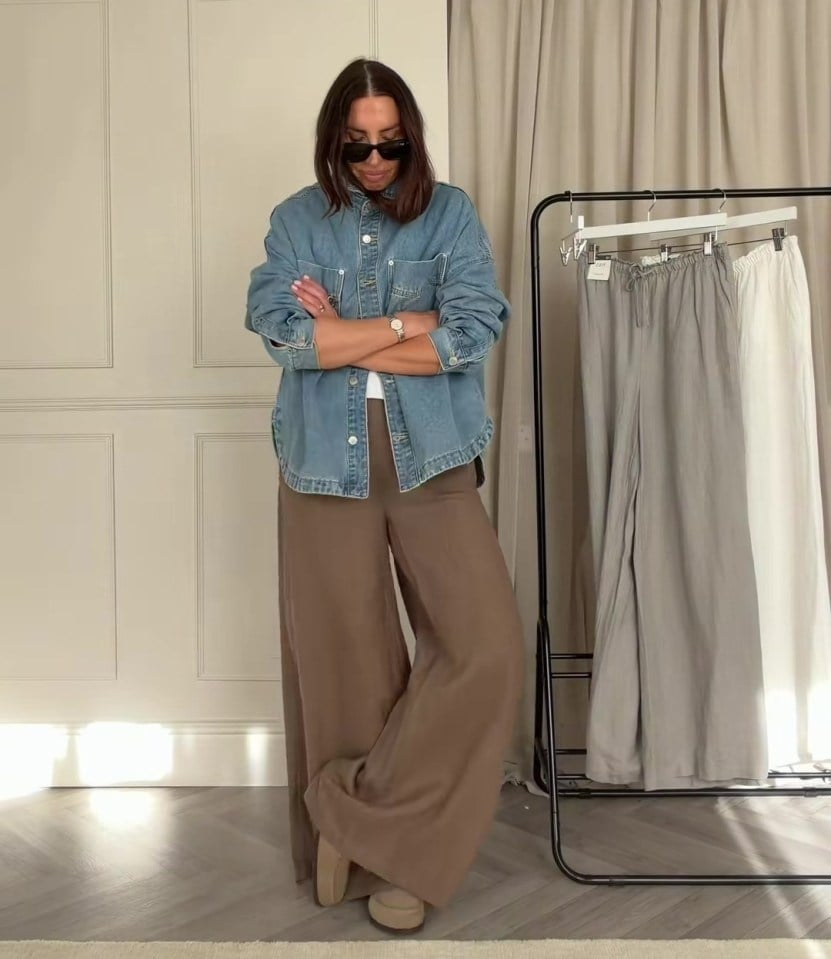 Brown Linen Wide-Leg Trousers with an Oversized Denim Shirt Brown Linen Wide-Leg Trousers with an Oversized Denim Shirt — Trendy Brown Trousers Outfit