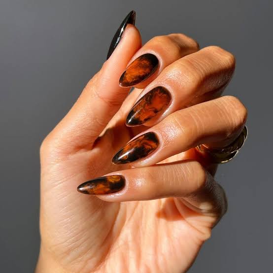Long Almond Tortoiseshell Pattern Nails Long Almond Tortoiseshell Pattern Nails — Trendy Builder Gel Nails
