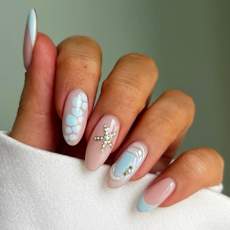 Long Stiletto Nude Base with Blue Scale Art Long Stiletto Nude Base with Blue Scale Art — Trendy Builder Gel Nails