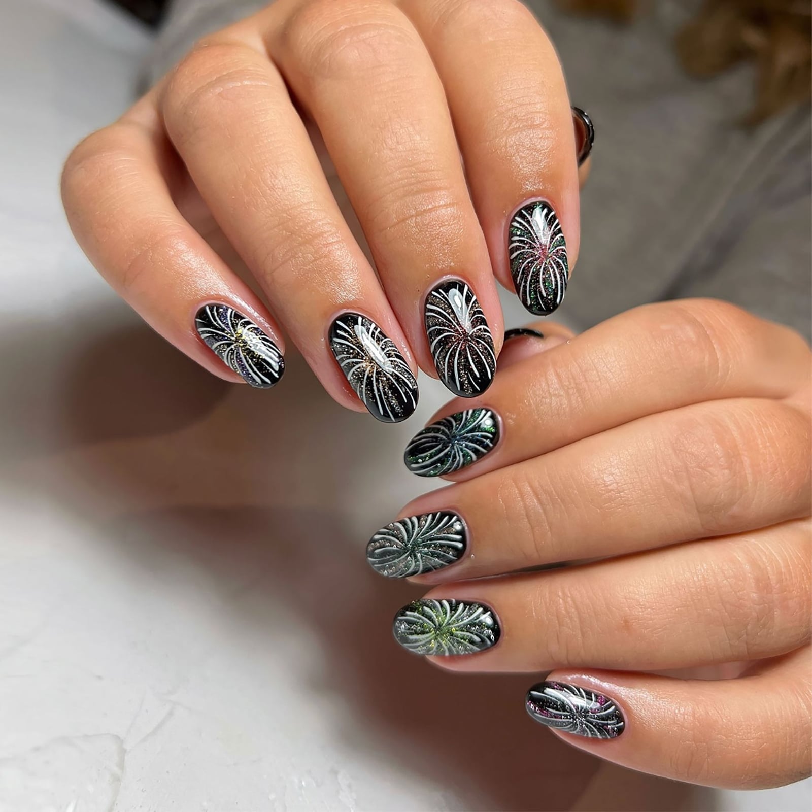 Short Oval Black Firework Design Nails Short Oval Black Firework Design Nails — Trendy Builder Gel Nails