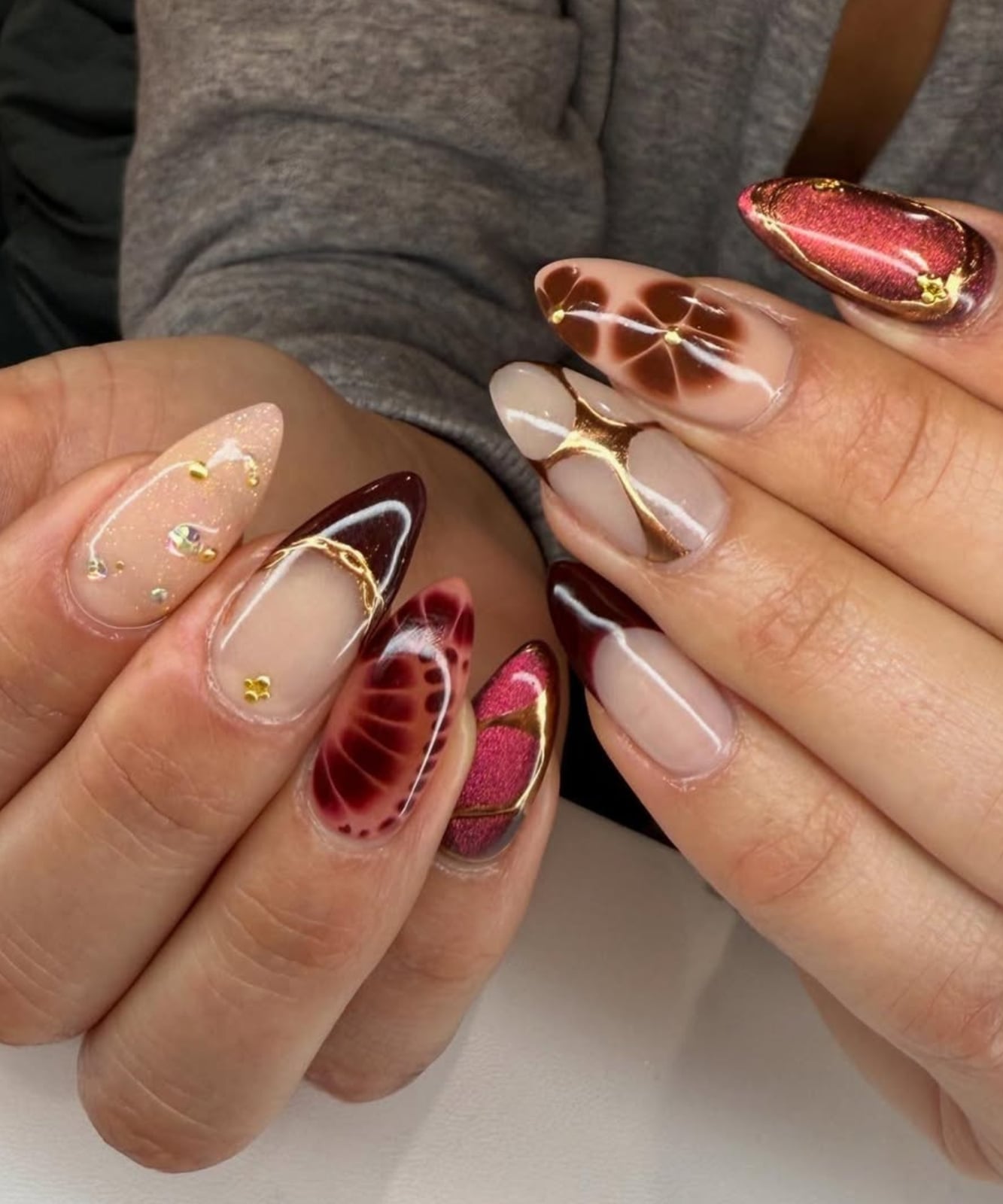 Medium Almond Mixed Design Nails Medium Almond Mixed Design Nails — Trendy Builder Gel Nails