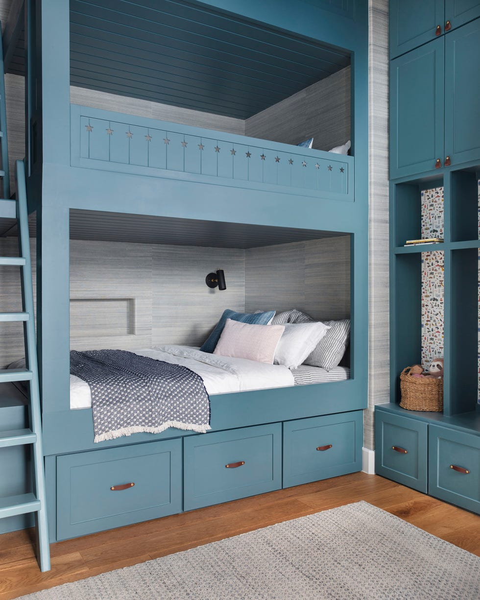 Teal Blue Bunk Bed with Integrated Storage — Trendy Bunk Bed Ideas