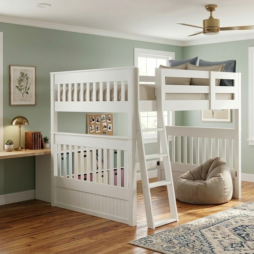 White Bunk Bed with Integrated Desk and Green Bedding — Trendy Bunk Bed Ideas