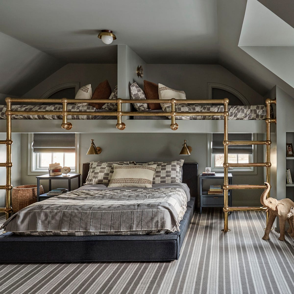 Gold Metal Loft Bed with Plaid Duvet — Trendy Bunk Bed Ideas