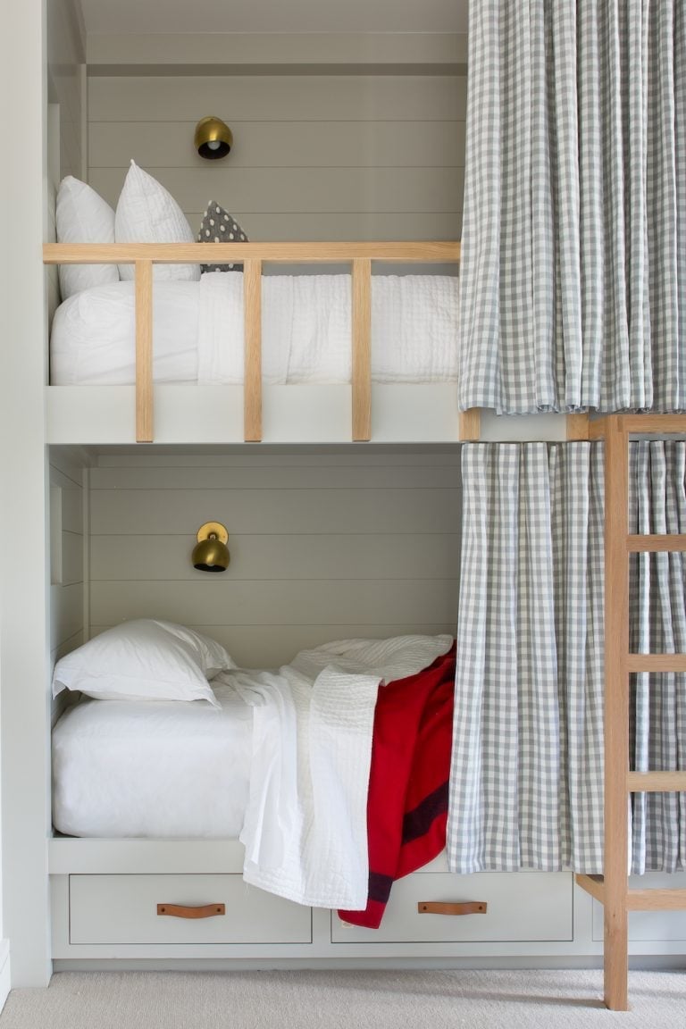 Light Grey Wooden Bunk Bed with Gingham Curtains — Trendy Bunk Bed Ideas