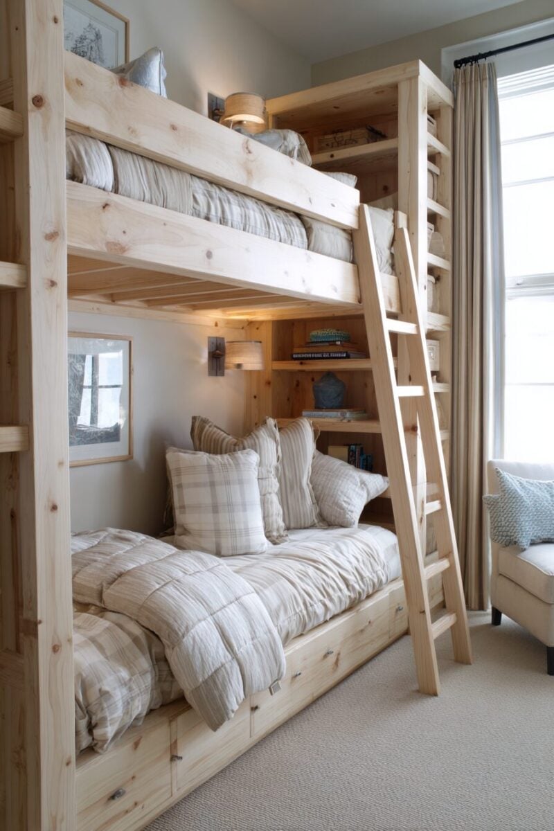 Wooden Bunk Bed with Striped Duvets and Built-in Shelving — Trendy Bunk Bed Ideas