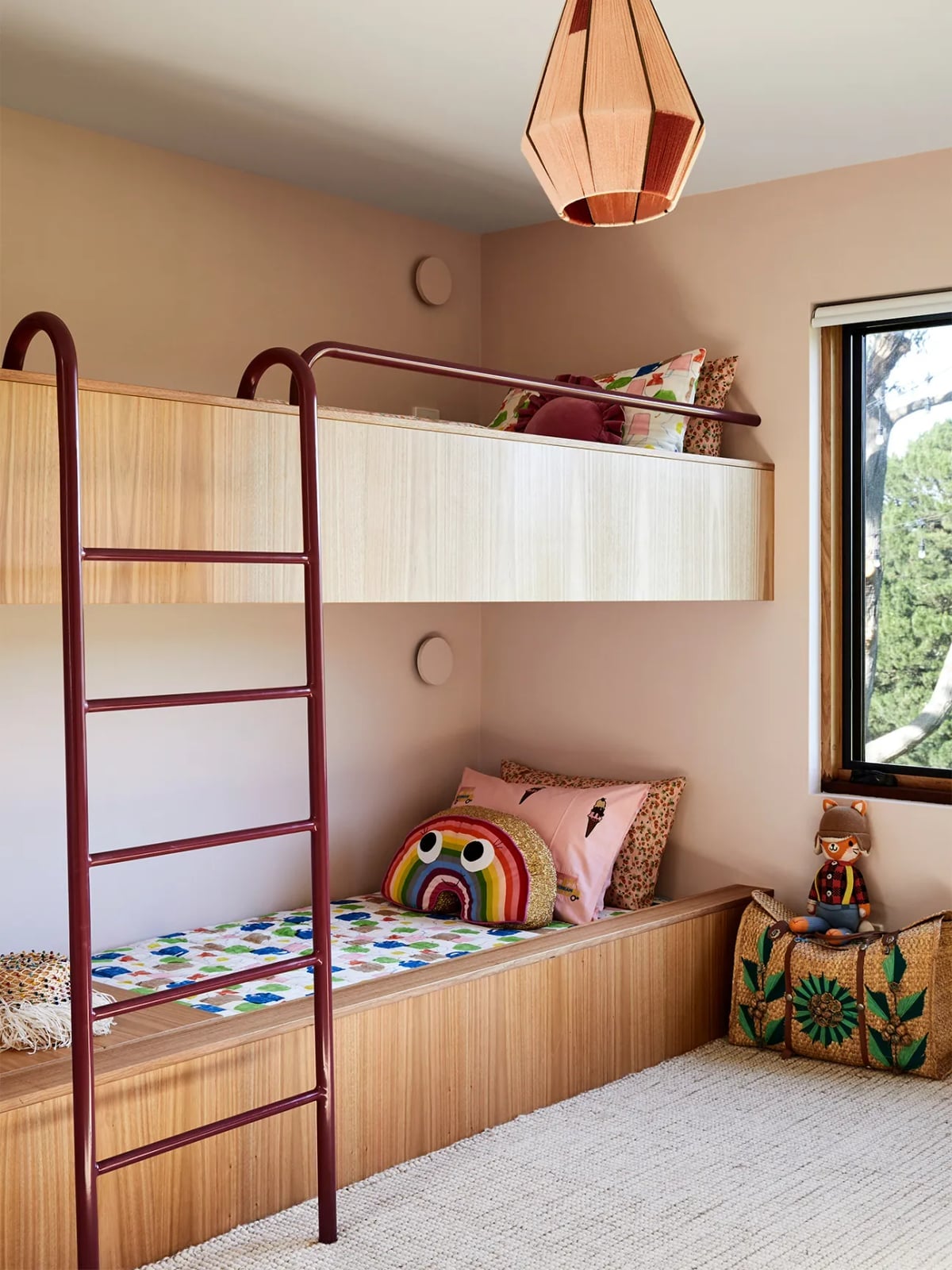 Built-in Bunk Bed with Burgundy Metal Accents — Trendy Bunk Bed Ideas
