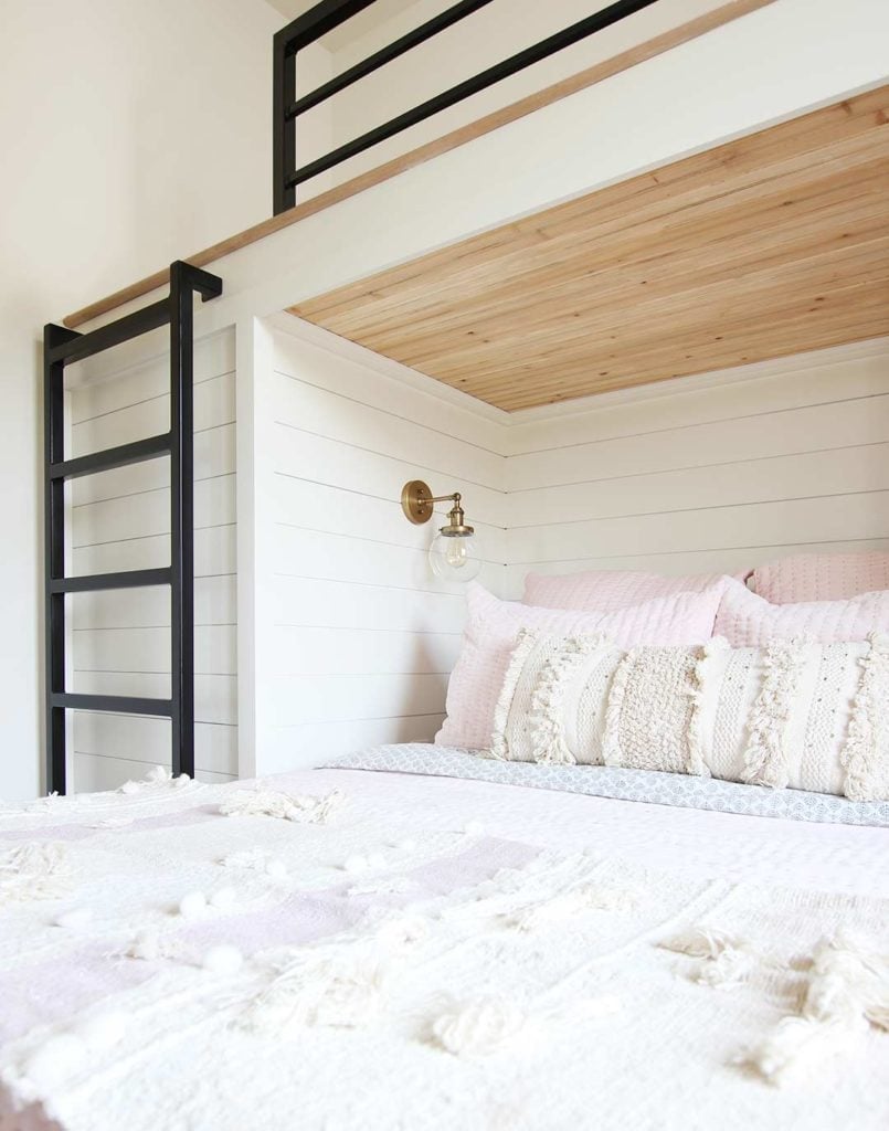 Bunk Bed Loft with Shiplap Walls and Black Ladder — Trendy Bunk Bed Ideas