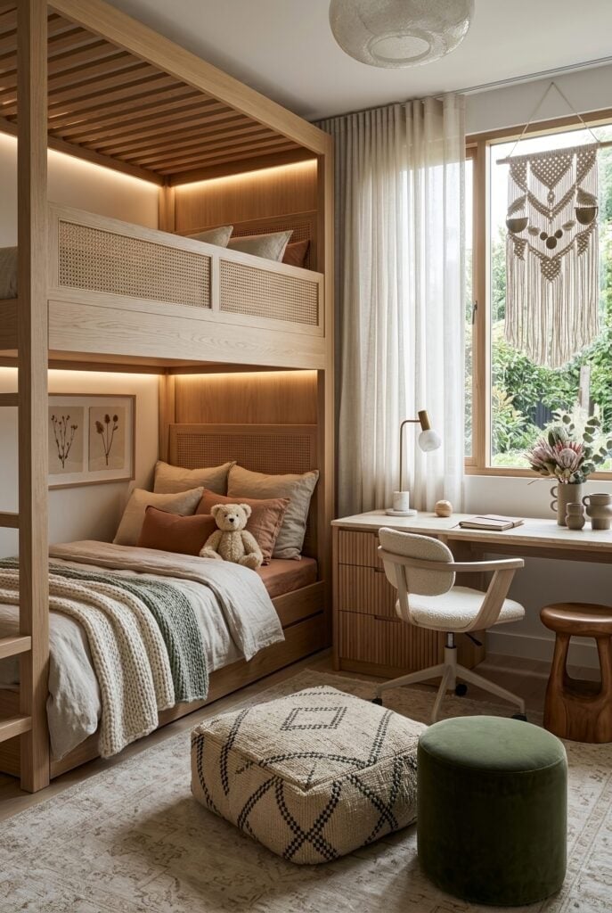 Natural Wood Bunk Bed with Cane Accents and Lighting — Trendy Bunk Bed Ideas