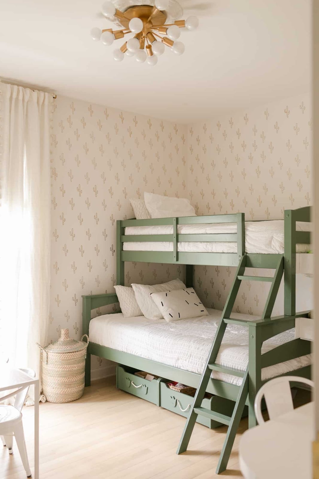 Sage Green Bunk Bed with Woven Basket — Trendy Bunk Bed Ideas