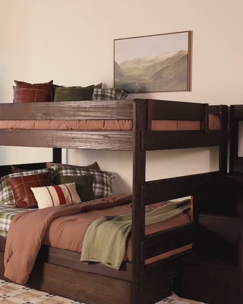 Dark Wood Bunk Bed with Storage Steps and Leather Pillows — Trendy Bunk Bed Ideas