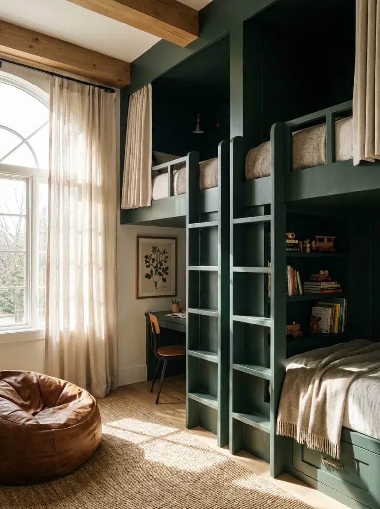 Deep Green Built-in Bunk Bed Unit — Trendy Bunk Bed Ideas
