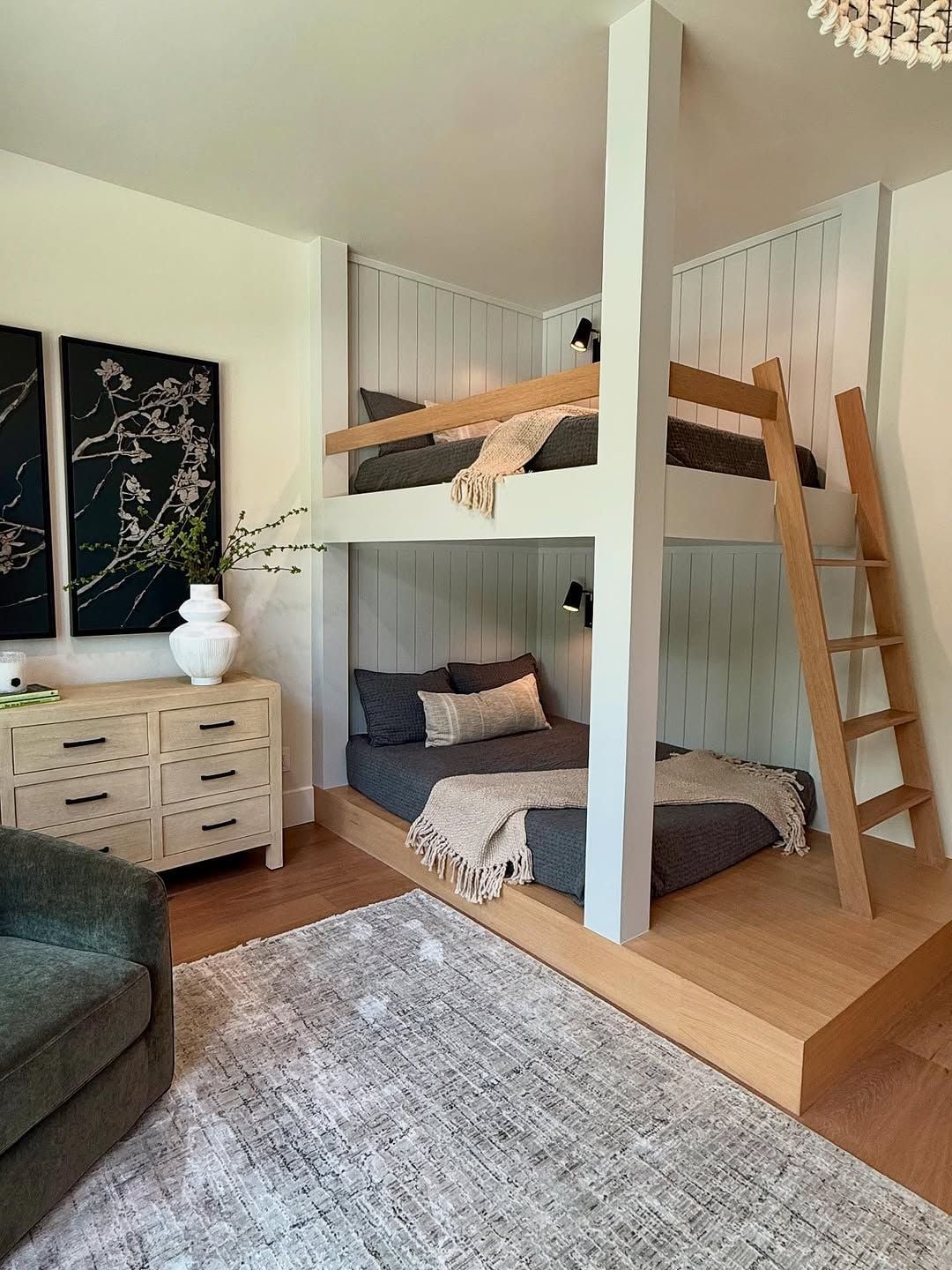 Grey Paneled Walls with Natural Wood Bunk Bed Platform — Trendy Bunk Bed Ideas