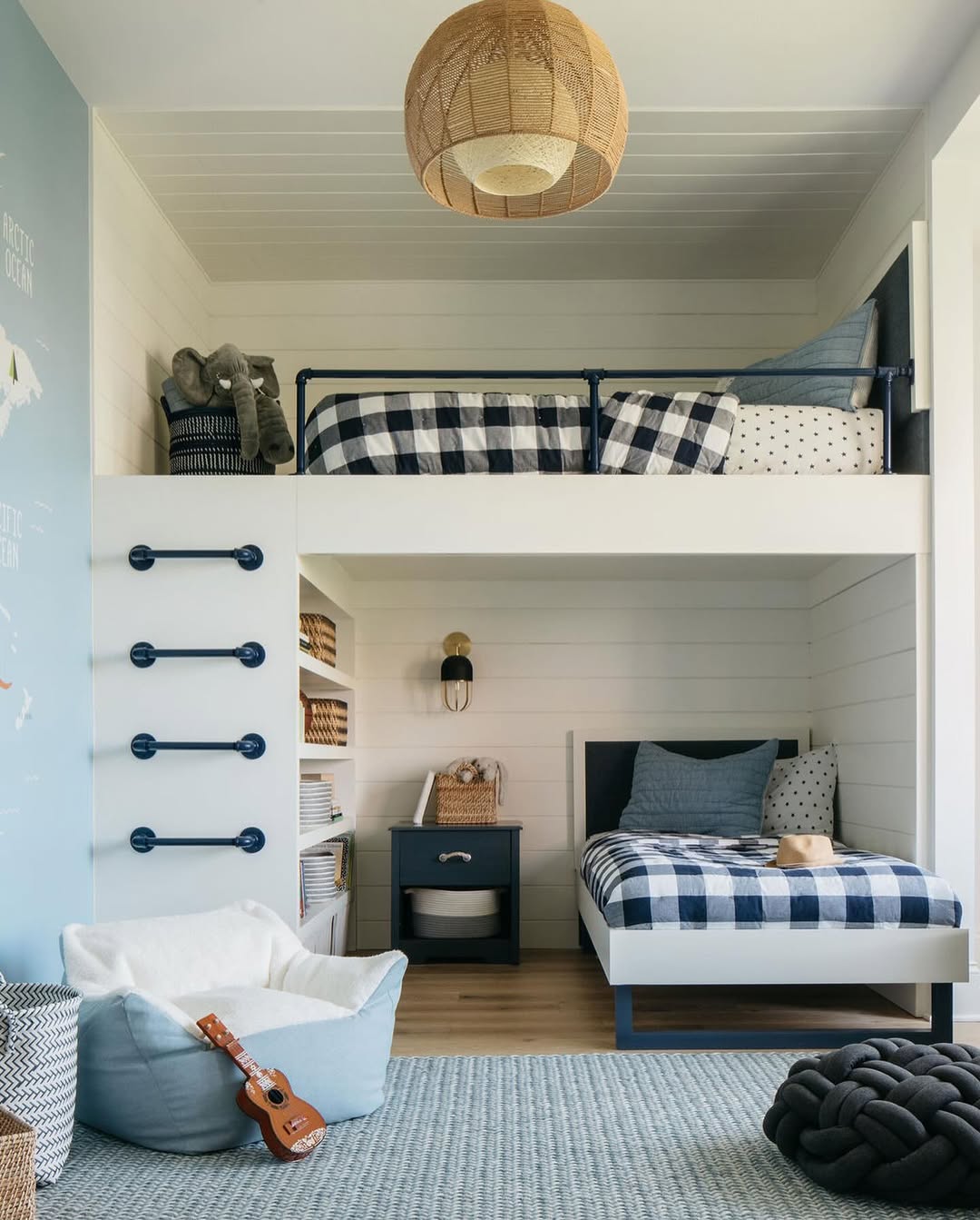 Modern Bunk Bed with Black Metal Accents and Gingham — Trendy Bunk Bed Ideas