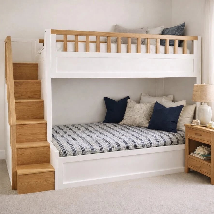 White Bunk Bed with Wooden Staircase and Daybed Lower — Trendy Bunk Bed Ideas