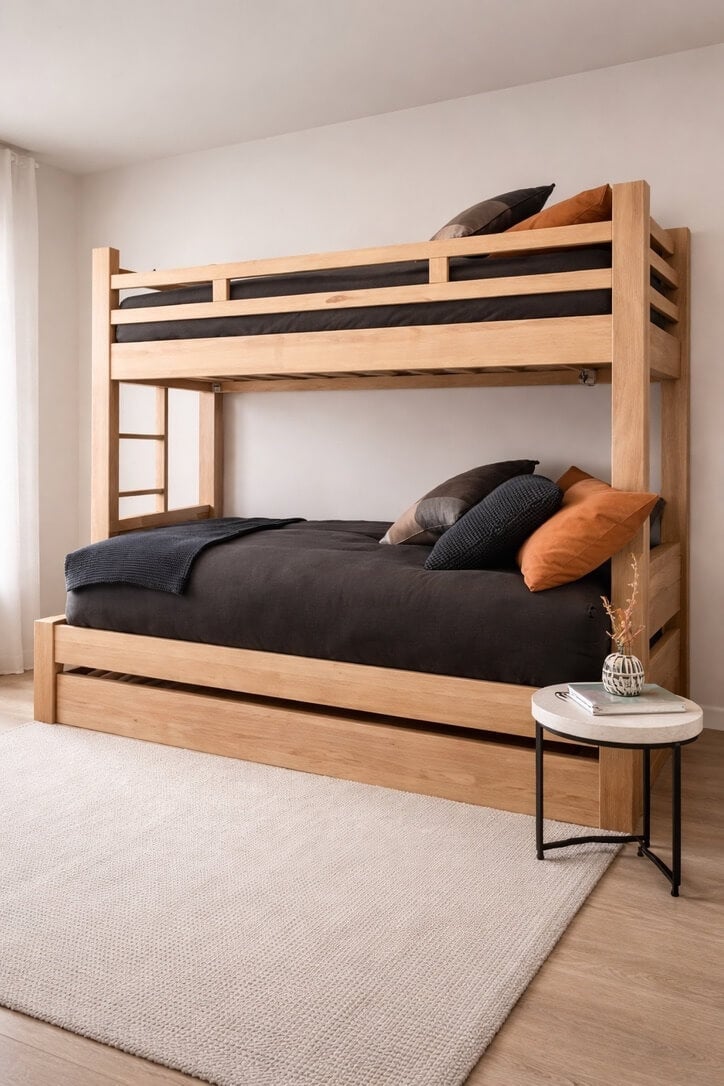 Natural Wood Bunk Bed with Trundle and Orange Accents — Trendy Bunk Bed Ideas
