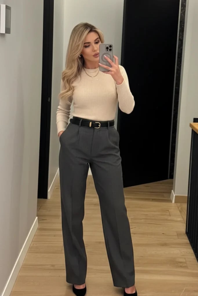 Charcoal Wide-Leg Trousers with Ribbed Knit Sweater — Trendy Business Casual Outfits