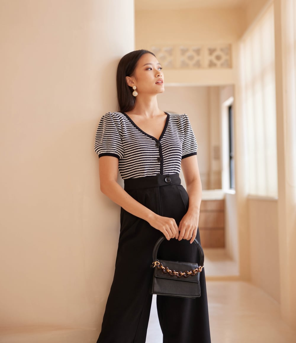 Black Wide-Leg Trousers with Striped Puff Sleeve Top — Trendy Business Casual Outfits