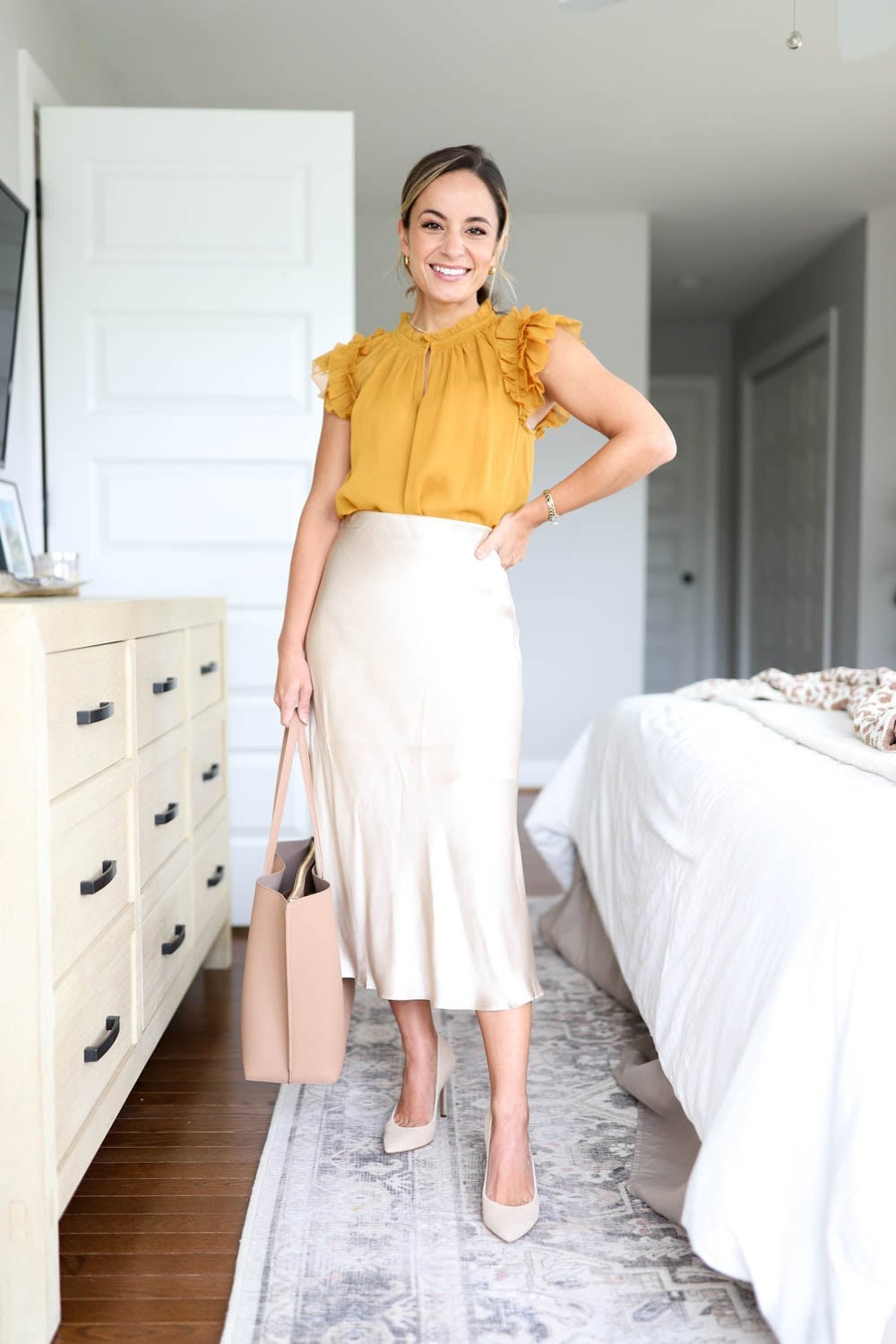 Mustard Yellow Blouse with Cream Satin Midi Skirt — Trendy Business Casual Outfits