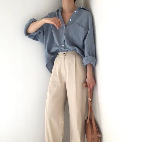 Oversized Blue Shirt with Beige Wide-Leg Trousers — Trendy Business Casual Outfits