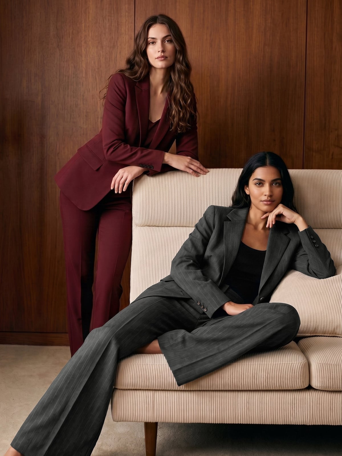Burgundy Suit with Wide-Leg Trousers — Trendy Business Casual Outfits