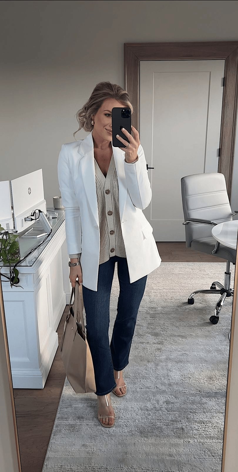White Oversized Blazer Over Cardigan and Jeans — Trendy Business Casual Outfits