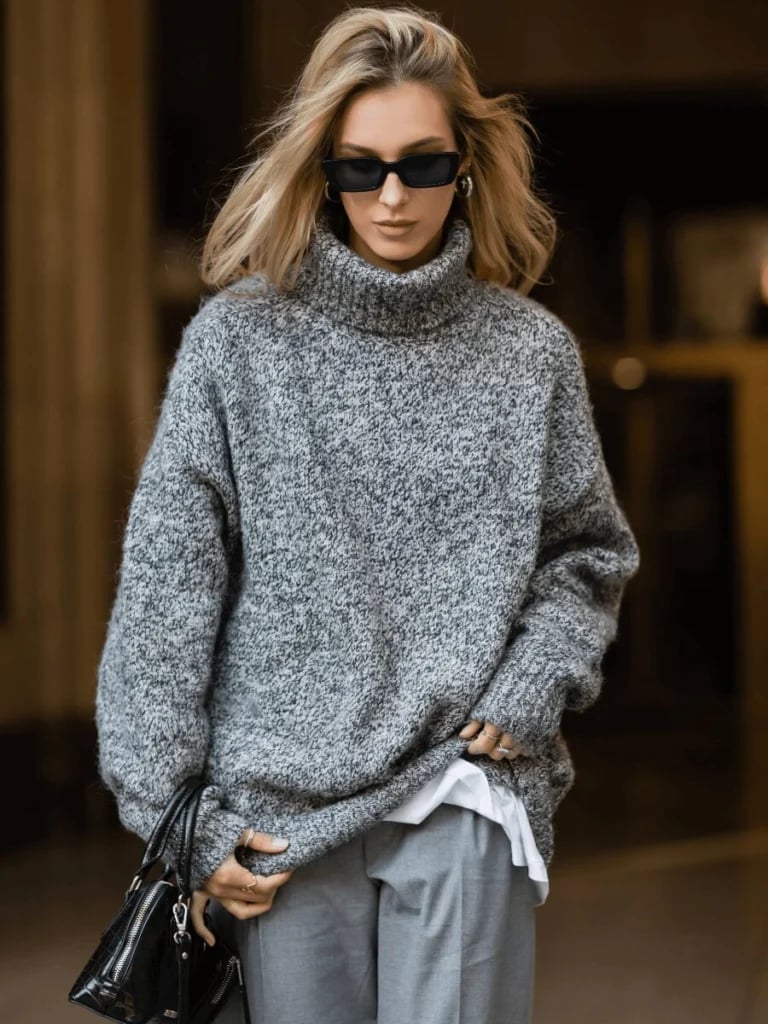 Oversized Grey Turtleneck Sweater with Wide-Leg Trousers — Trendy Business Casual Outfits