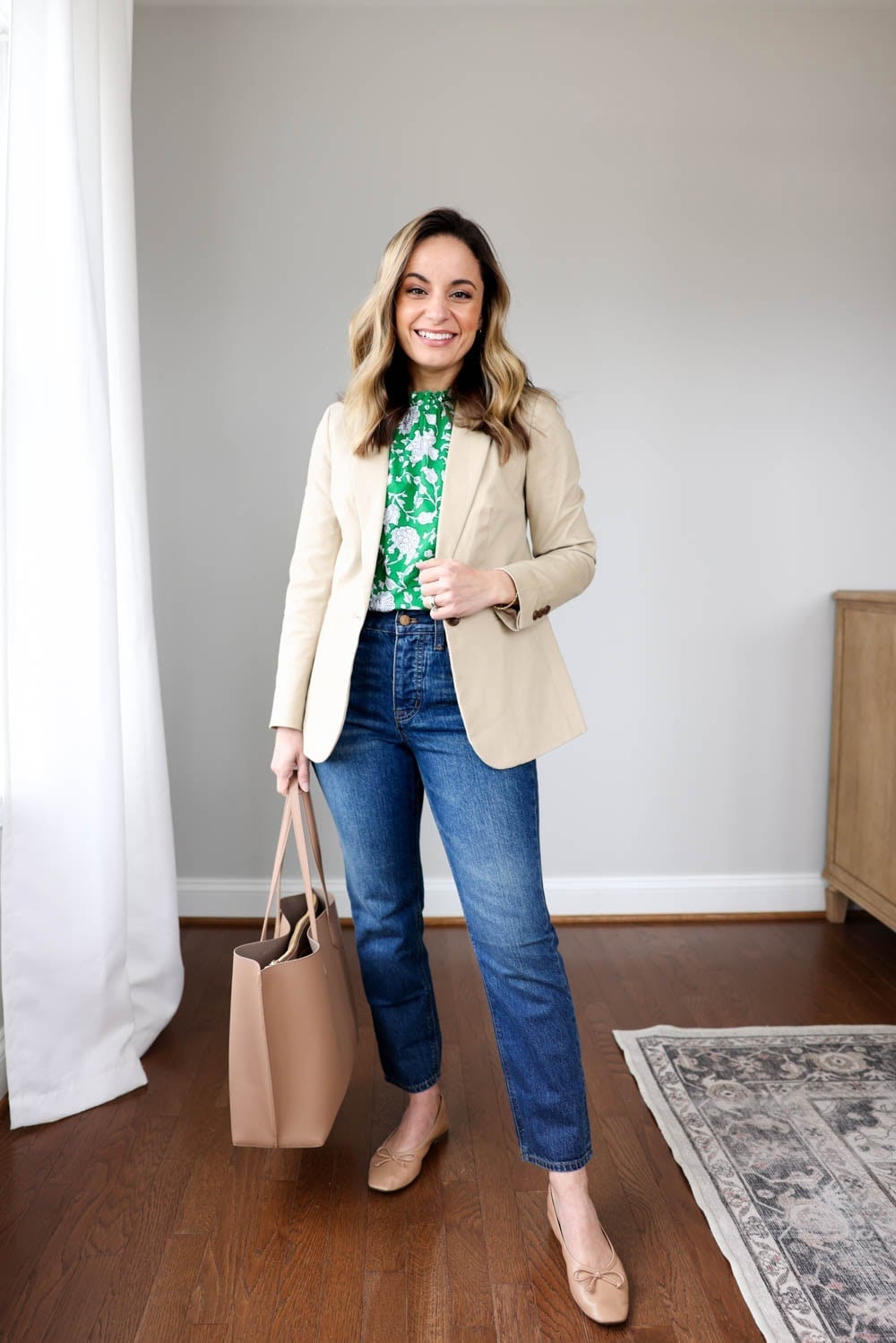 Beige Blazer with Green Floral Blouse and Jeans — Trendy Business Casual Outfits