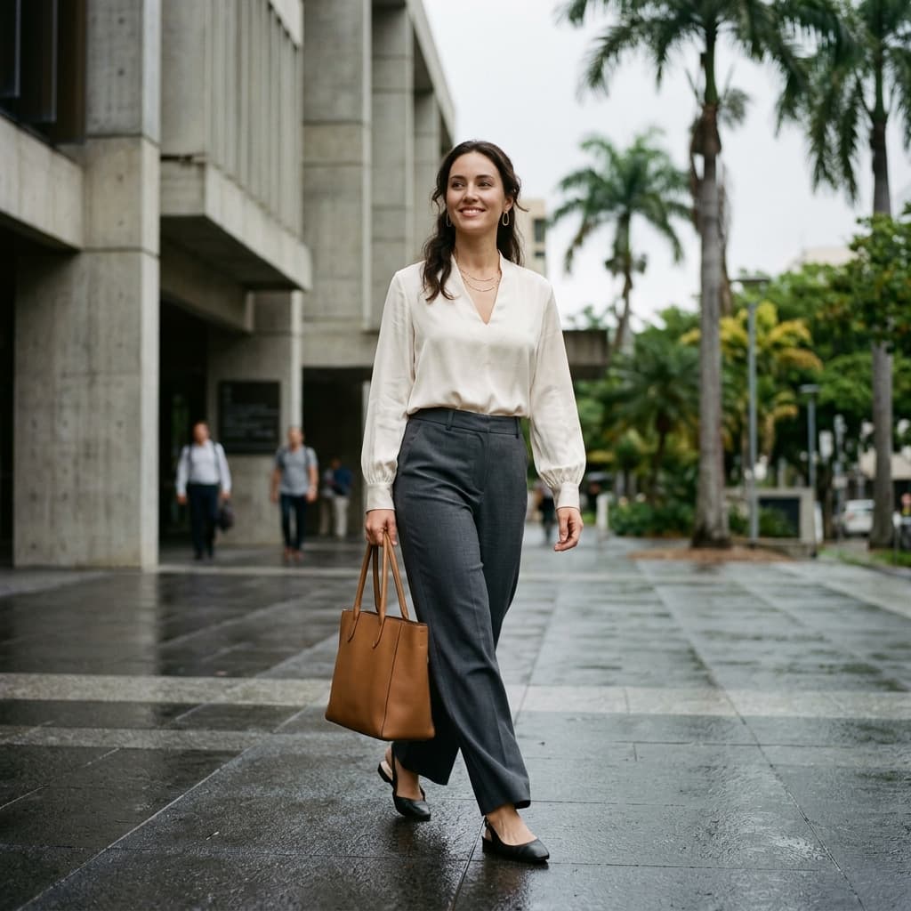 Grey Wide-Leg Trousers with Ivory Silk Blouse — Trendy Business Casual Outfits