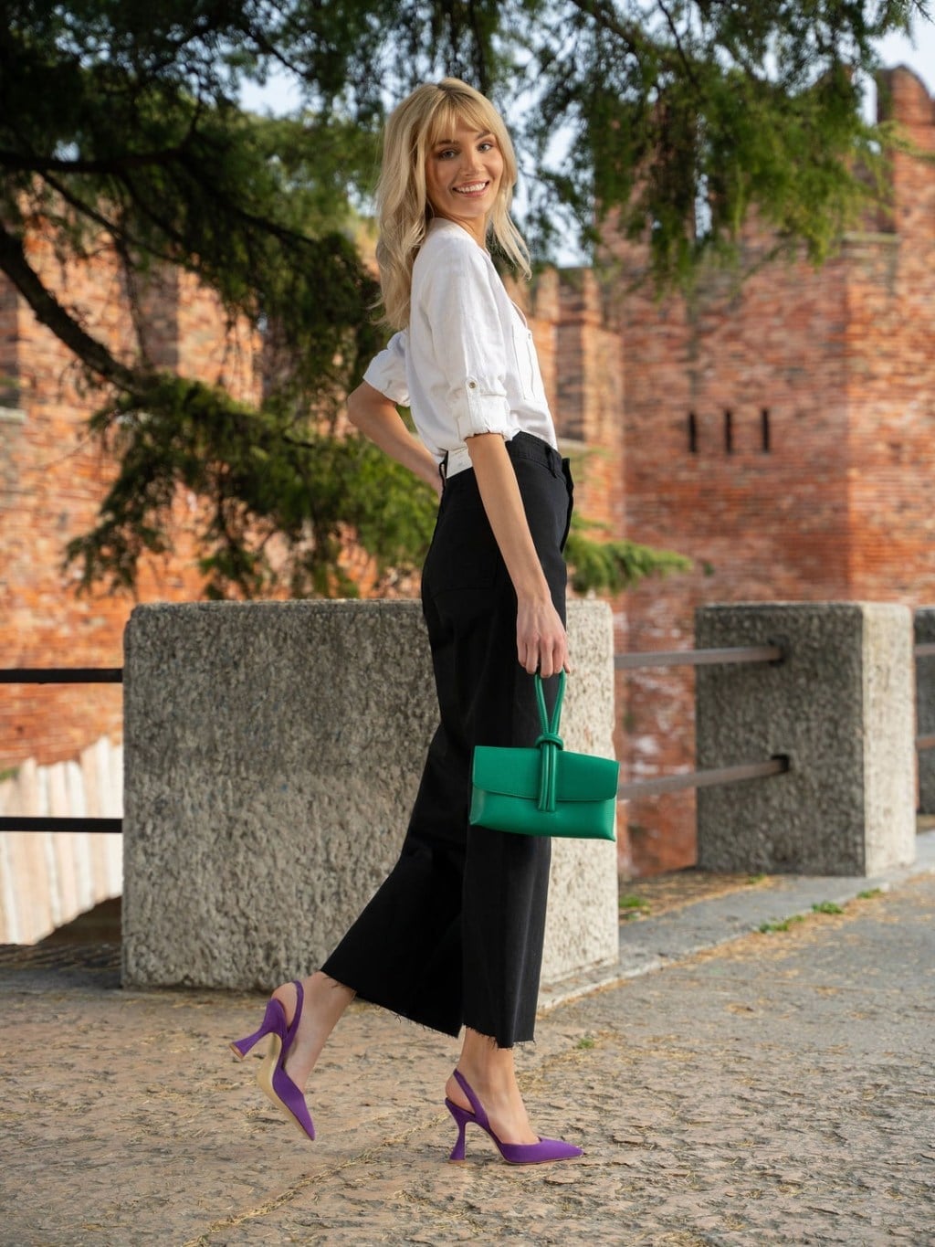 White Blouse with Black Wide-Leg Trousers and Purple Heels — Trendy Business Casual Outfits