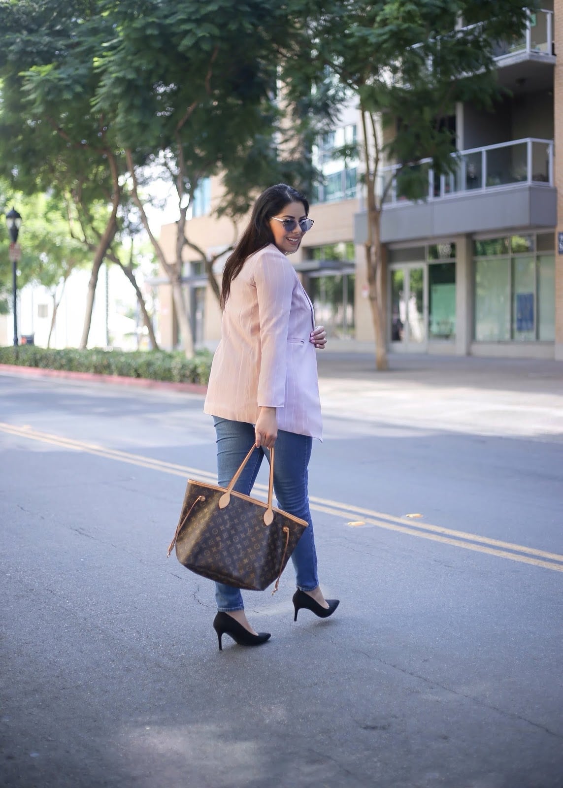 Pink Pinstripe Blazer with Blue Jeans — Trendy Business Casual Outfits