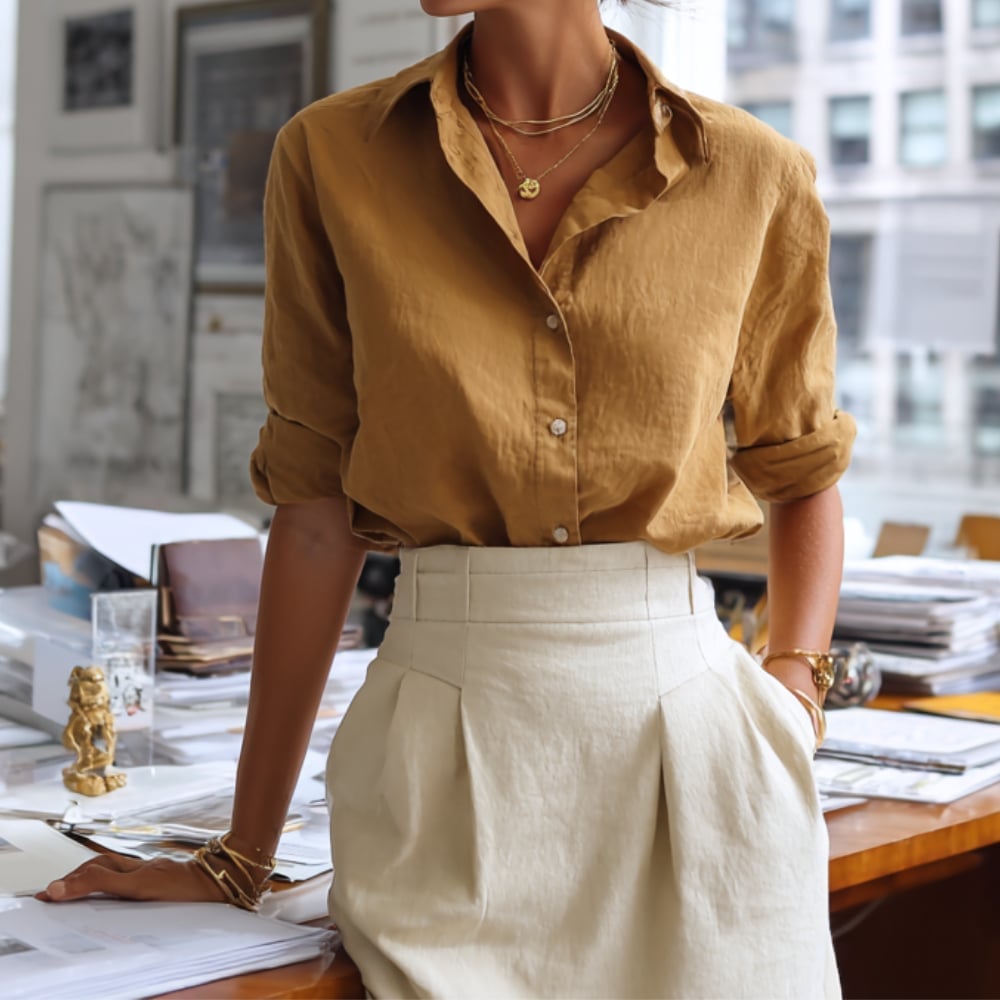 Structured Blazer with Mock Neck Top and Beige Trousers — Trendy Business Casual Outfits