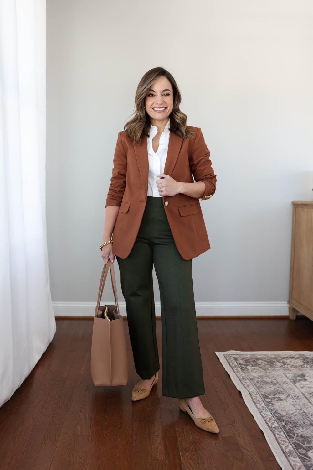 Brown Oversized Blazer with Olive Wide-Leg Trousers — Trendy Business Casual Outfits