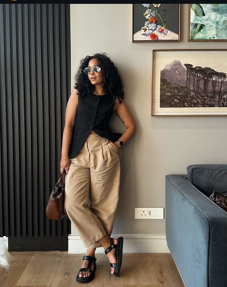 Black Vest Over Beige Top with Wide-Leg Trousers — Trendy Business Casual Outfits Black Women