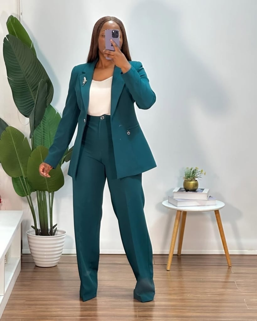 Teal Pantsuit with Cream Camisole — Trendy Business Casual Outfits Black Women