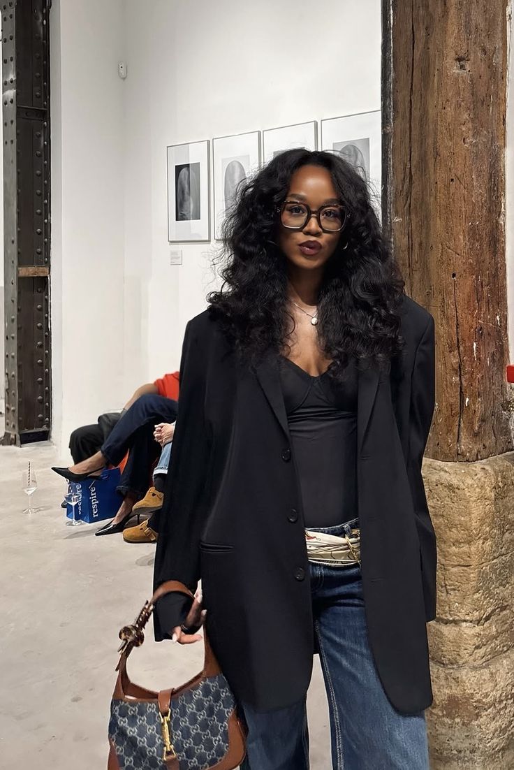Oversized Blazer Over Camisole and Blue Jeans — Trendy Business Casual Outfits Black Women