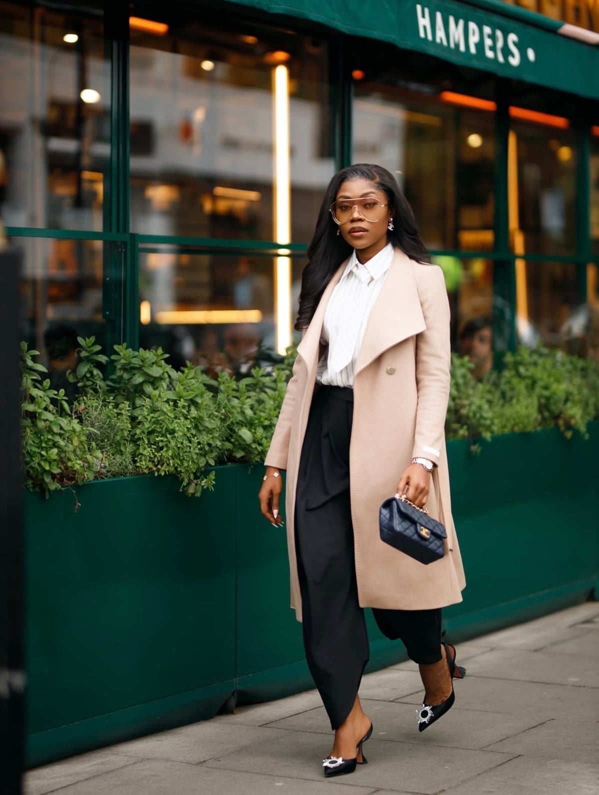 Beige Wrap Coat Over White Shirt and Black Trousers — Trendy Business Casual Outfits Black Women