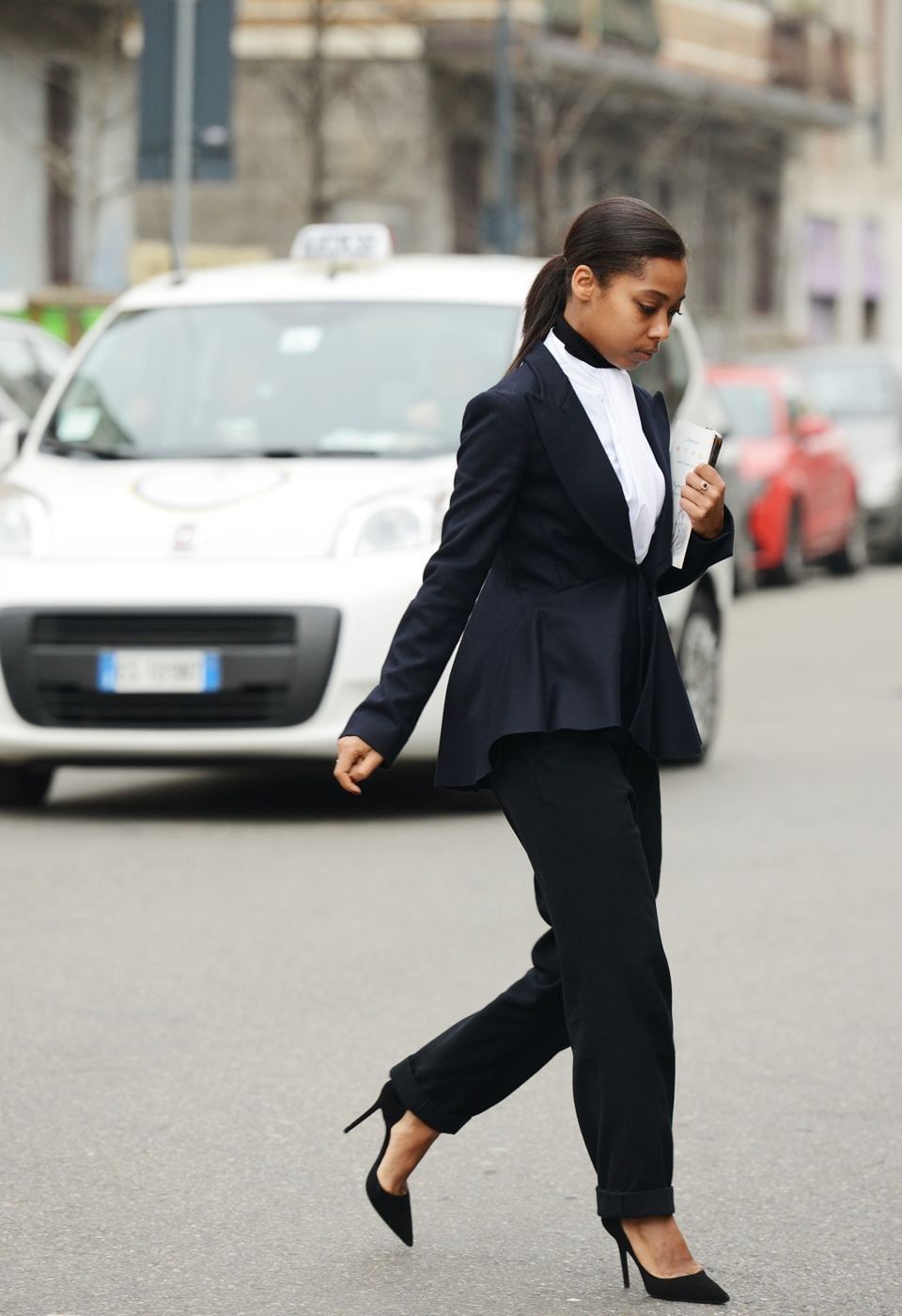 Navy Peplum Blazer Over White Shirt and Black Trousers — Trendy Business Casual Outfits Black Women